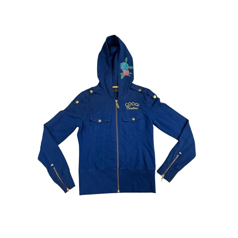 COOGI Women's Royal Blue Metal‎ Crystal Studded Zip Up Hoodie Jacket Sz L